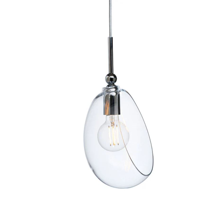 Clear glass pendant light with a metal fixture on a white background