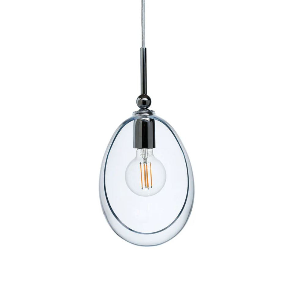 Coloured glass pendant light with a visible bulb on a white background
