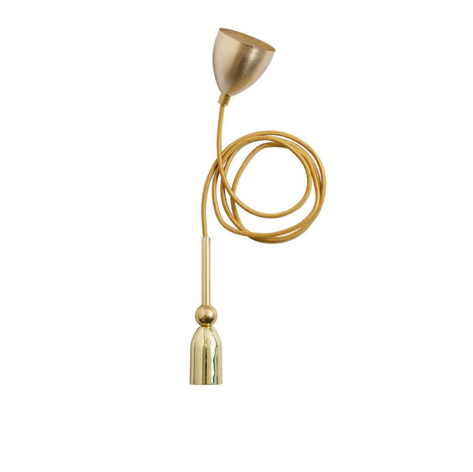 Gold pendant light with coiled cable on a white background