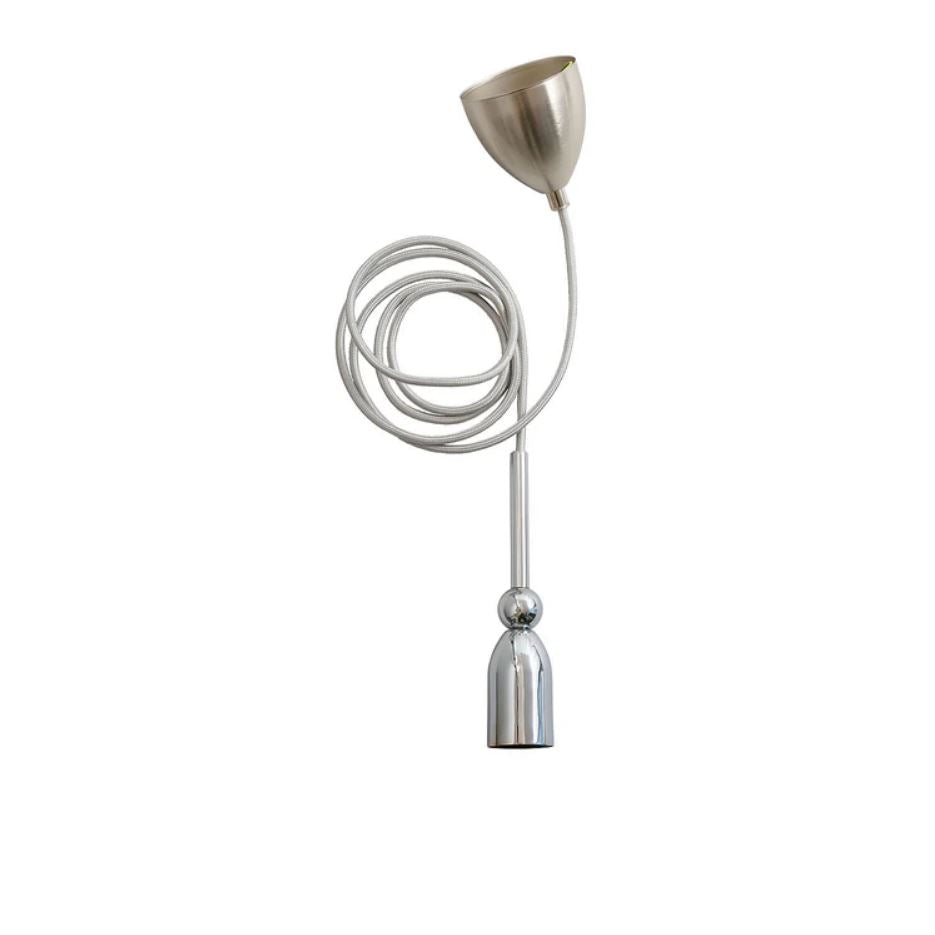 Metallic pendant light with coiled cable on a white background