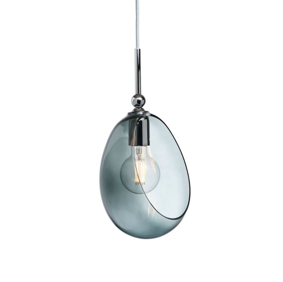Modern pendant light with glass shade and chrome fixture on a white background