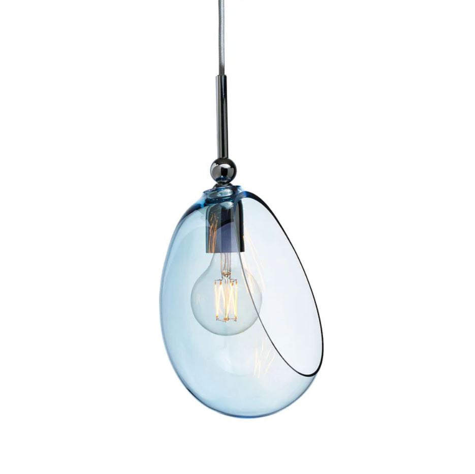 Blue glass pendant light with a clear bulb on a white background