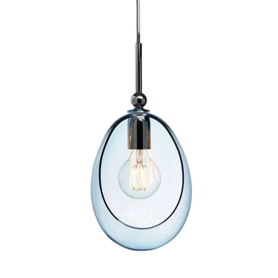 Modern pendant light with coloured glass shade and exposed bulb on a white background