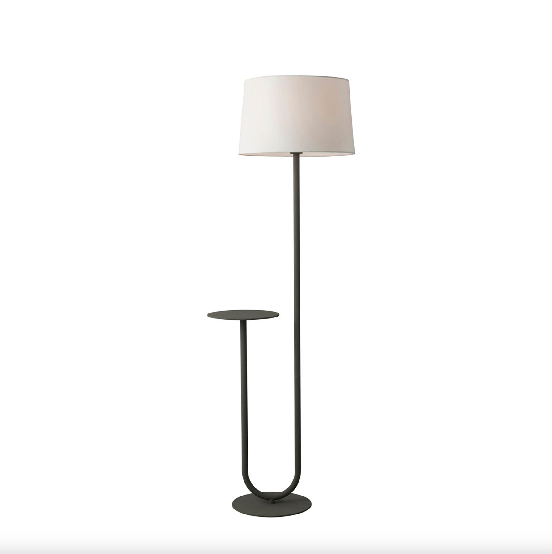 Floor lamp with a white shade and black base on a white background