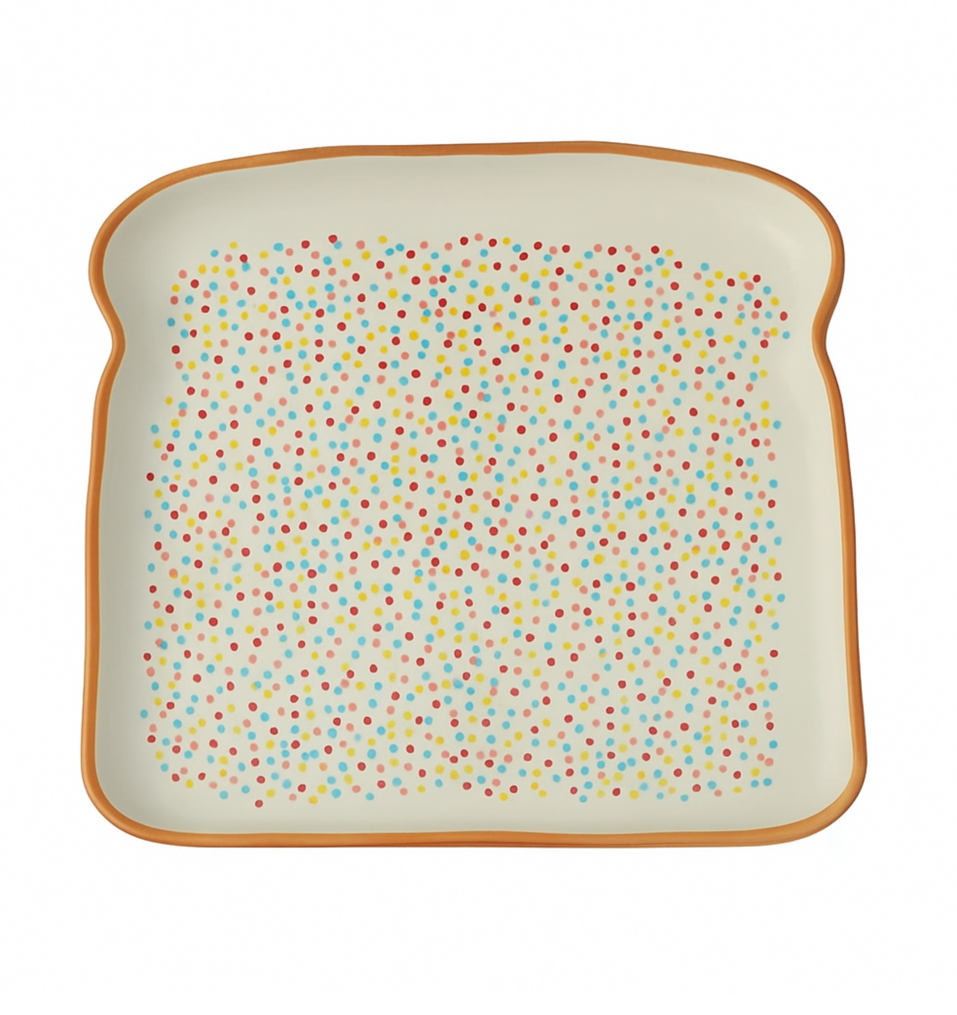 Square plate designed to look like a piece of fairy bread with colorful polka dot pattern on a white background