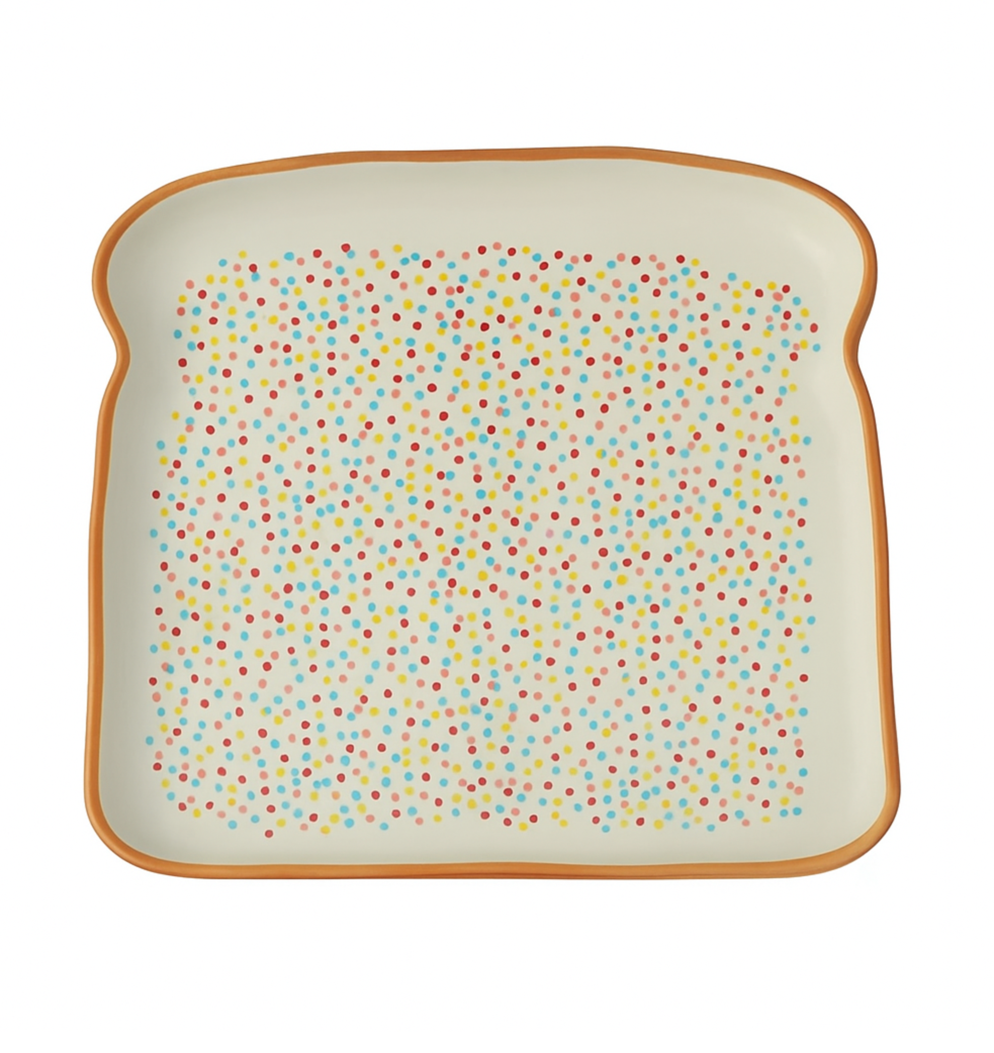 Square plate designed to look like a piece of fairy bread with colorful polka dot pattern on a white background