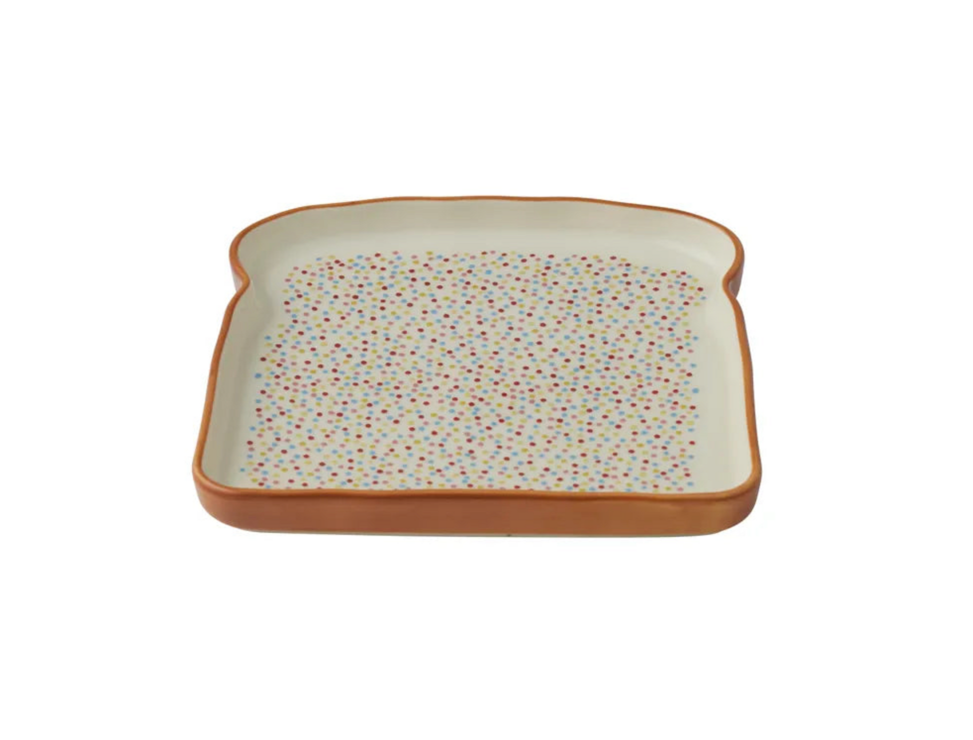 Ceramic fairy bread-shaped tray with a speckled design on a white background