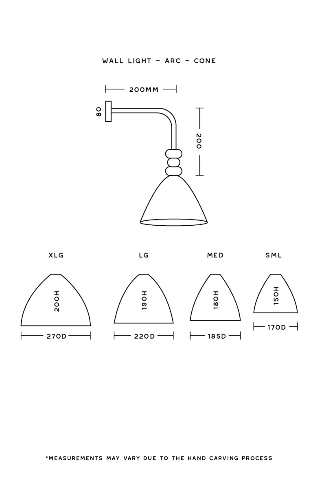 Fossil Coral Arc Cone Wall Light technical drawing with dimensions - Marovo Island Traders
