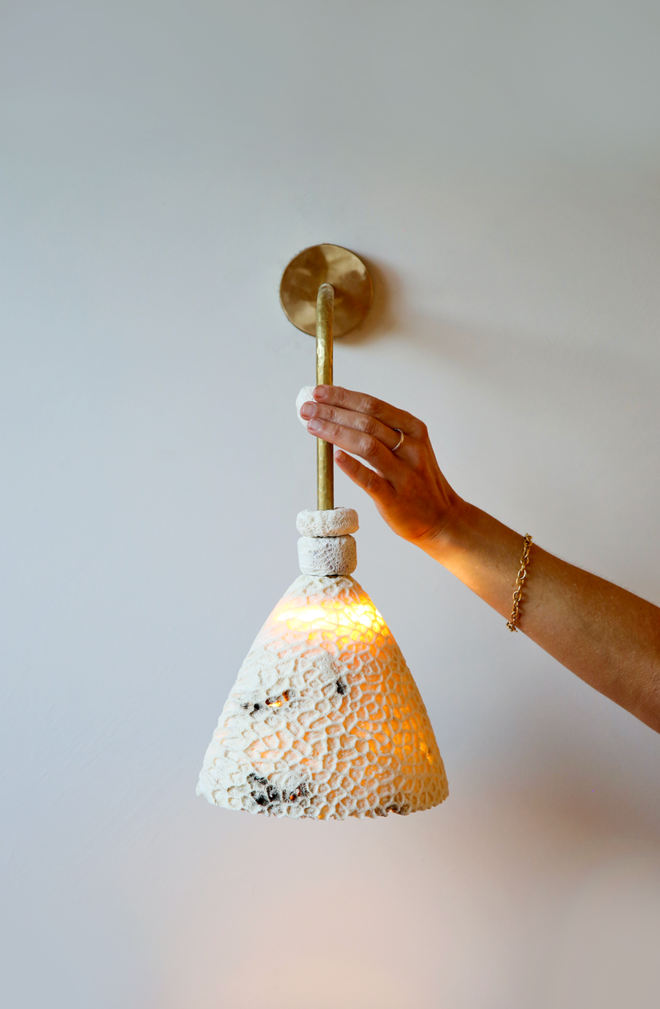 Fossil Coral Arc Cone Wall Light by Marovo Island Traders - fossil coral shade detail