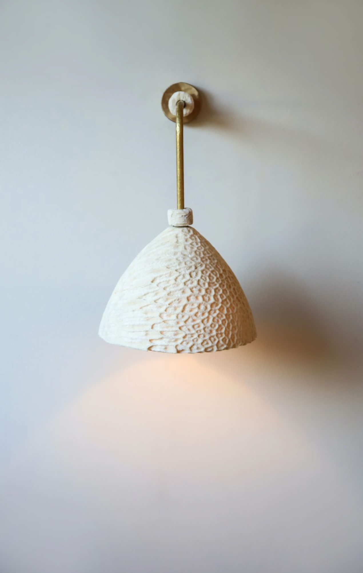 Fossil Coral Arc Cone Wall Light by Marovo Island Traders - polished brass fitting detail
