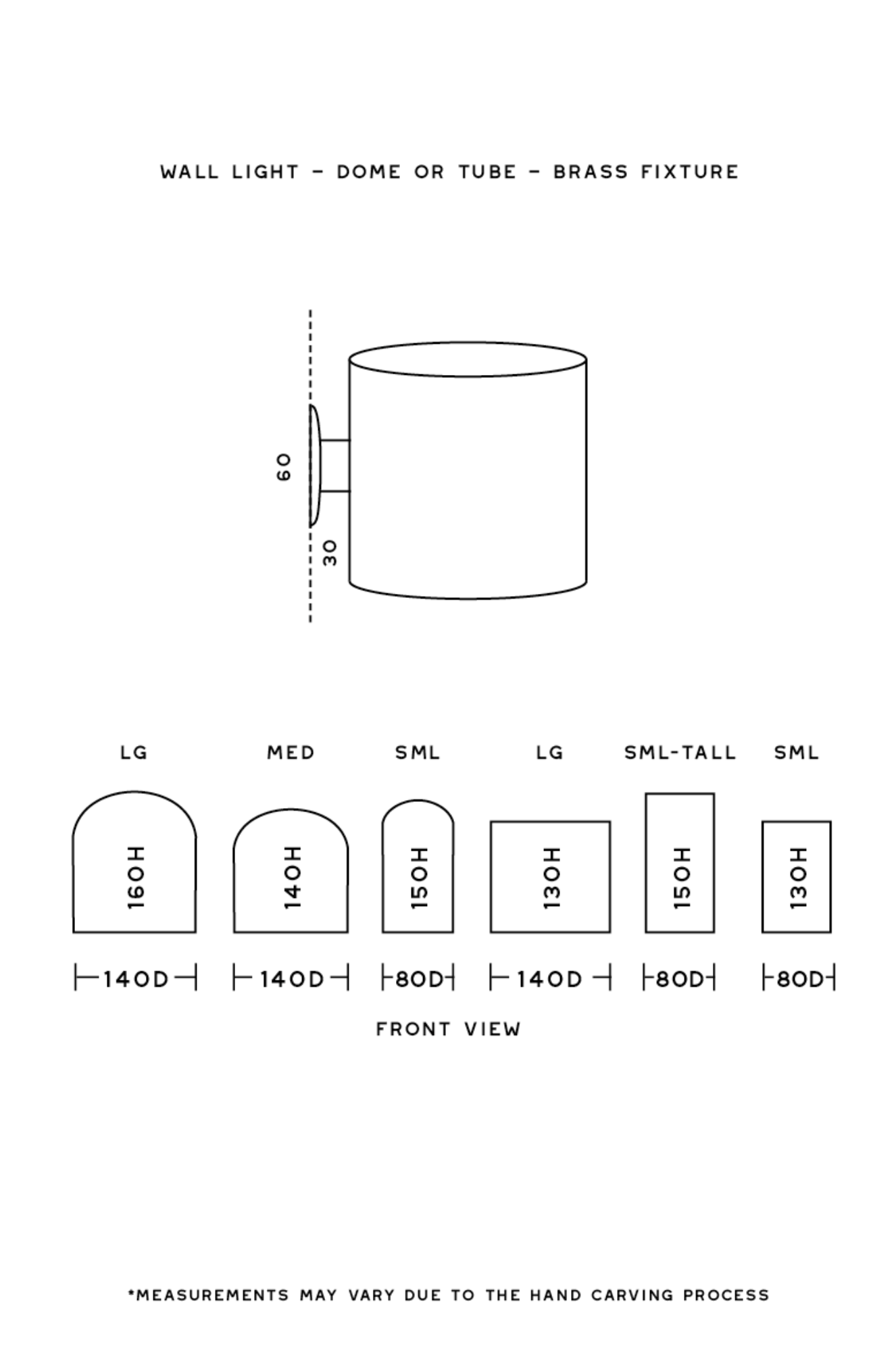 Technical drawing of a wall light fixture with dimensions and size options.