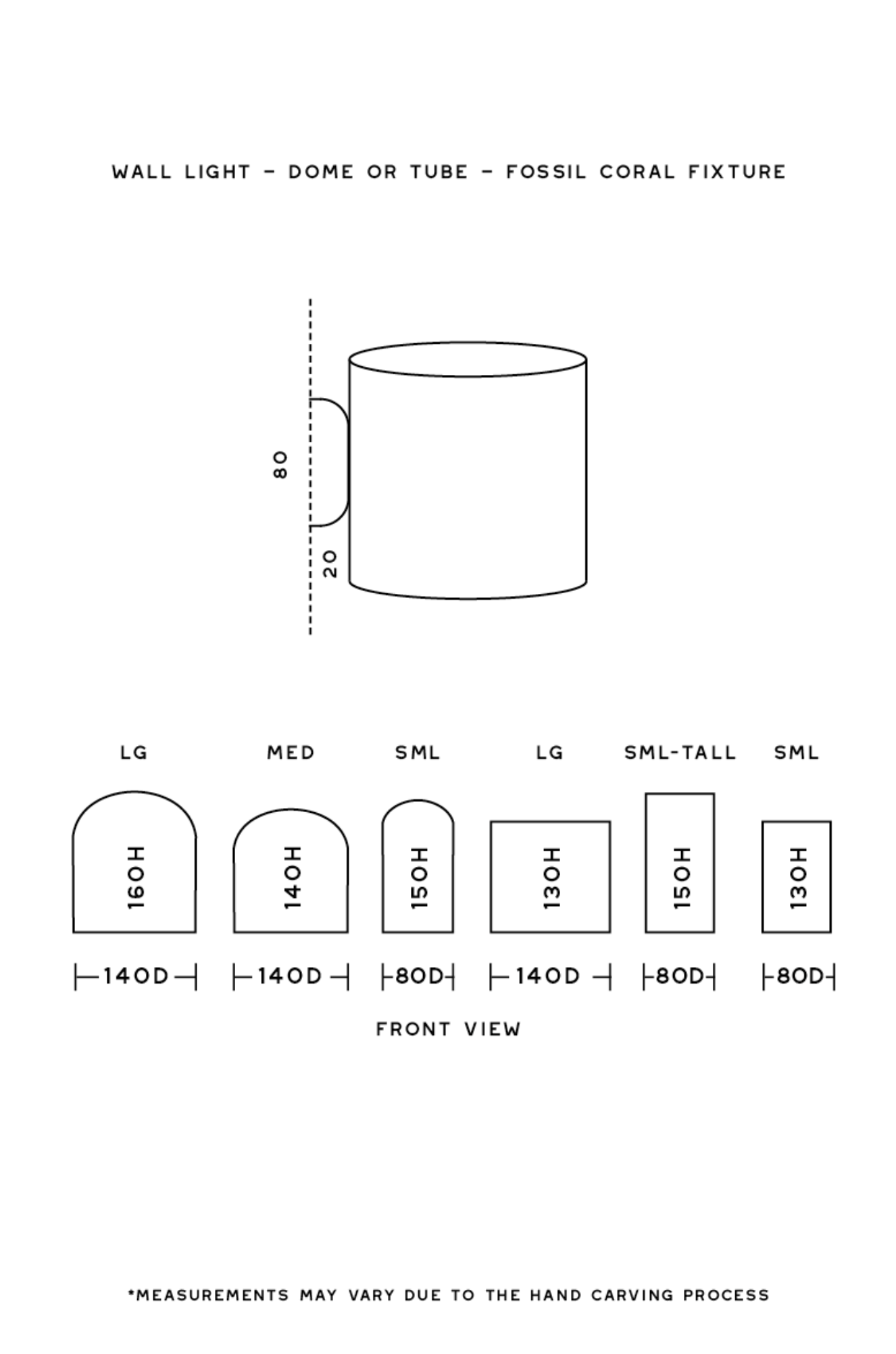 Measurement chart for a wall light fixture with different sizes and dimensions.
