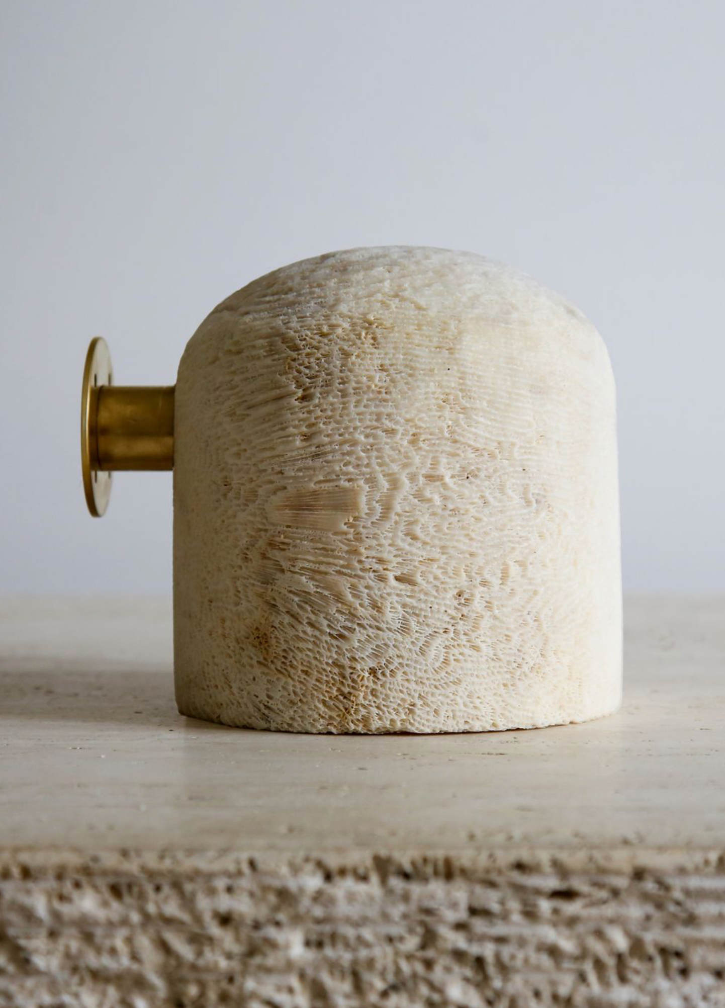 Decorative wall light fixture with textured beige shade and brass fitting on a neutral background