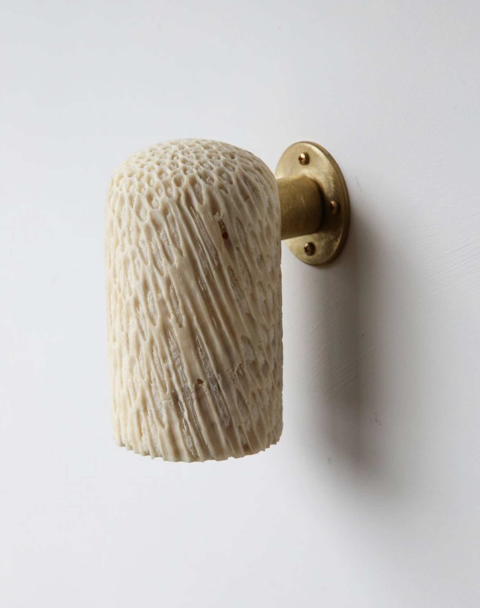 Decorative wall-mounted fixture with textured beige cap and brass base on a white background