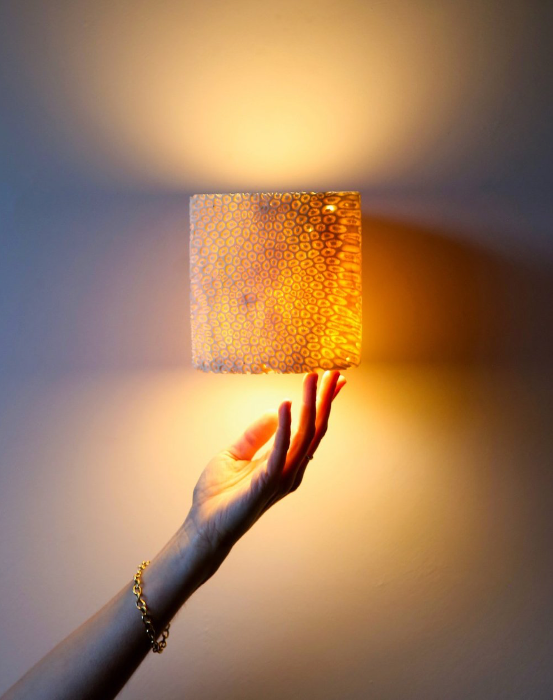 Hand holding a textured lampshade against a blurred background