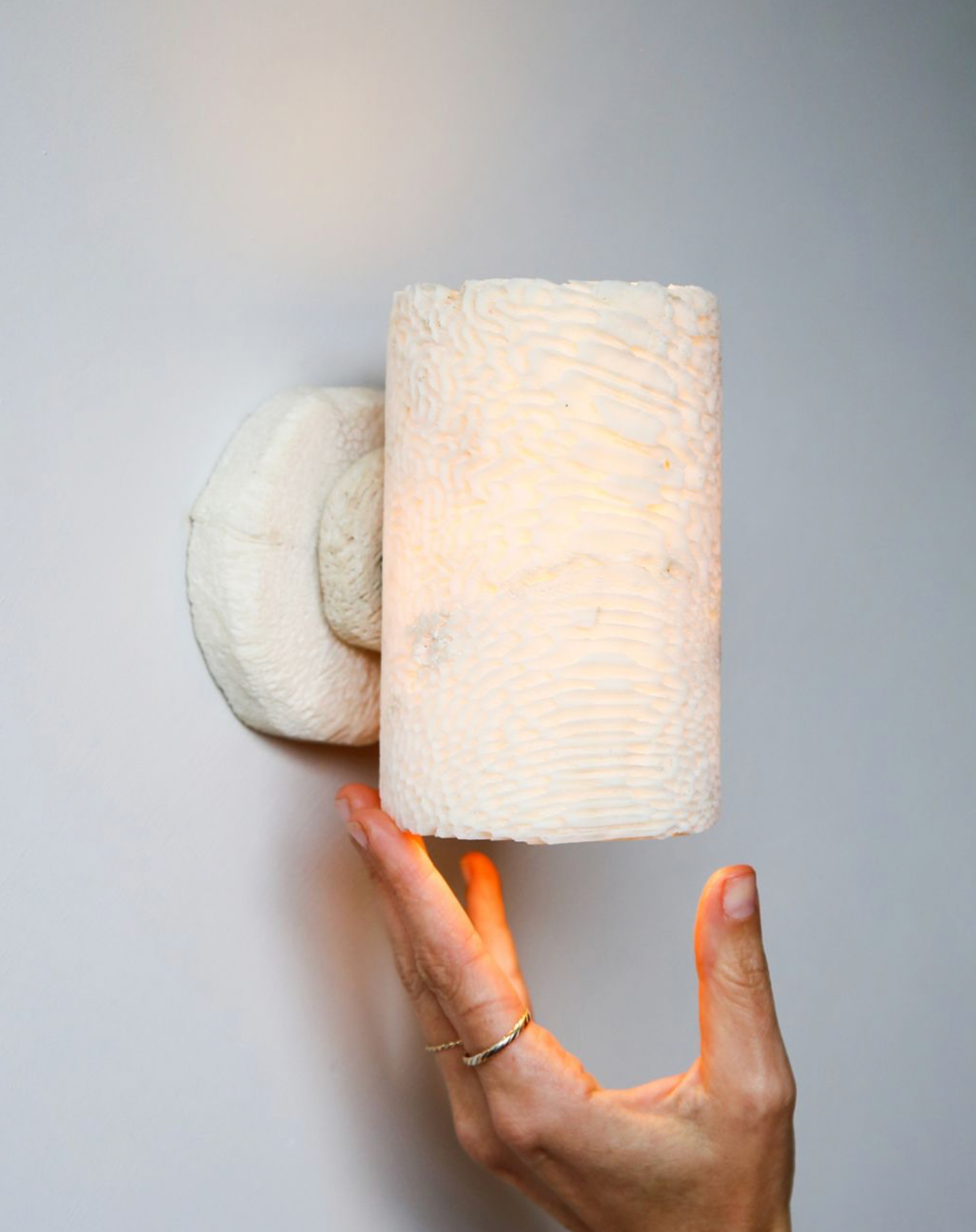 Hand holding a textured wall light fixture against a plain background