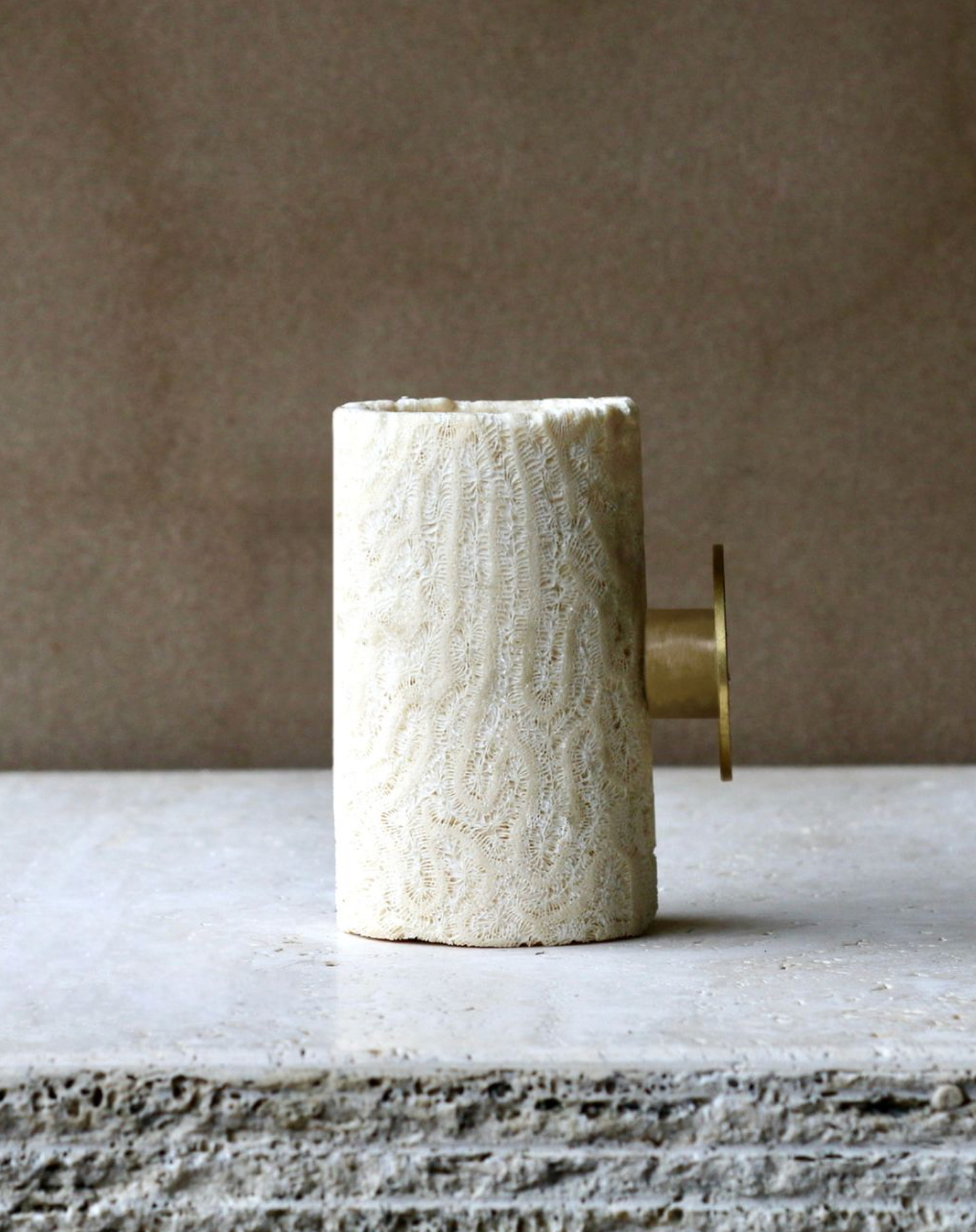 Textured Coral wall light with brass base on a neutral background