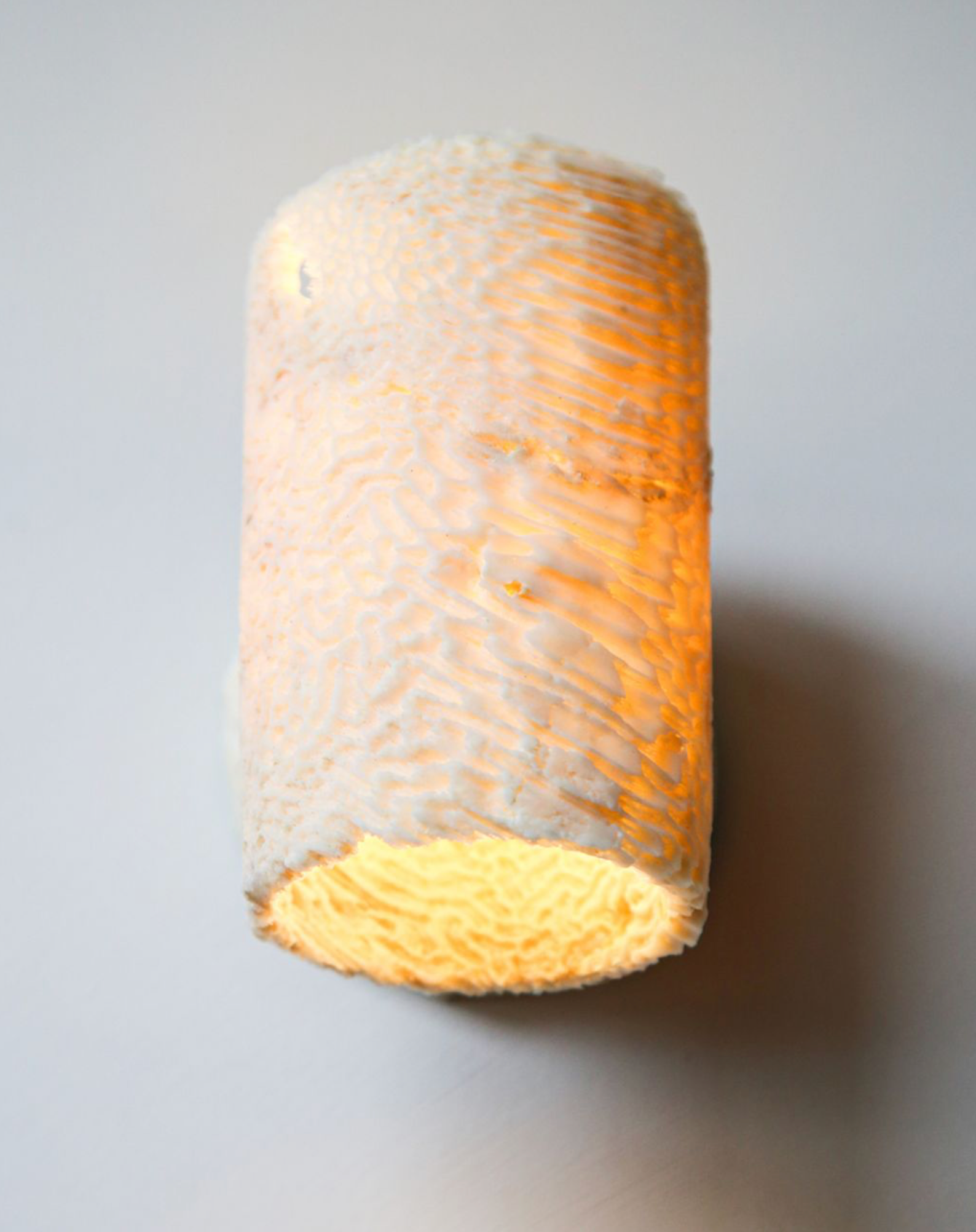 Cylindrical wall light fixture with textured surface on a grey background