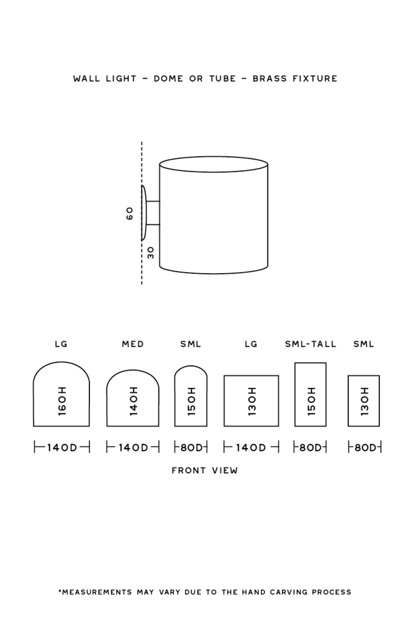 Technical drawing of a wall light fixture with dimensions and size options.
