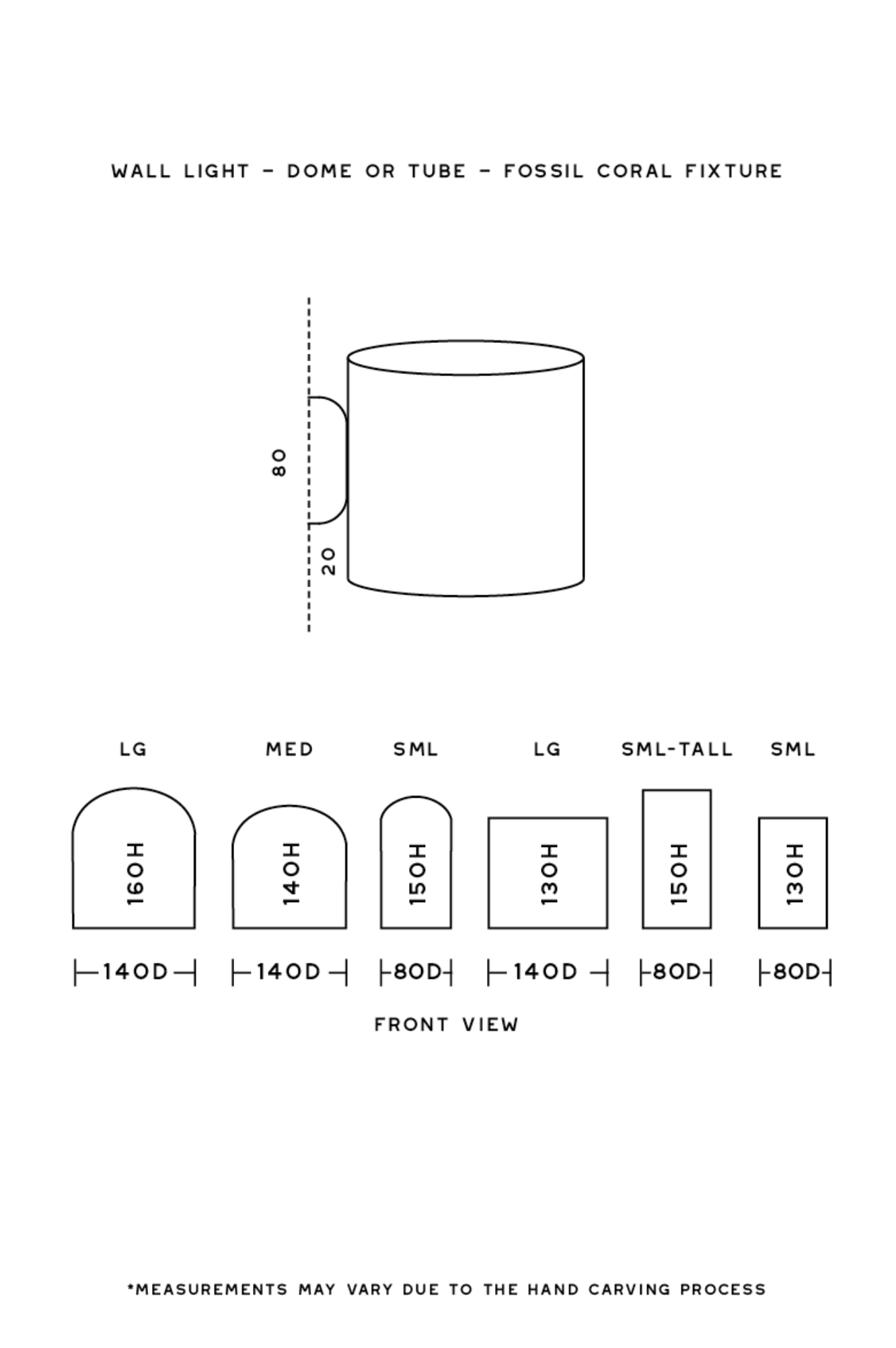 Measurement chart for a fossil coral fixture with dimensions and size options.
