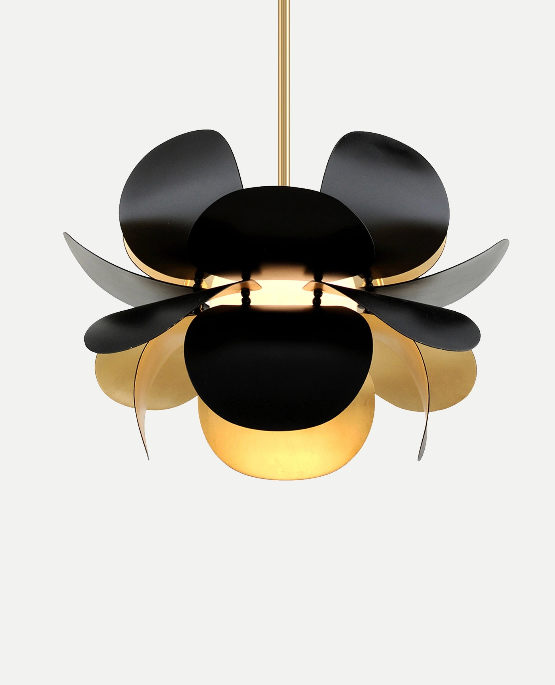Modern pendant light with black and gold design on a white background