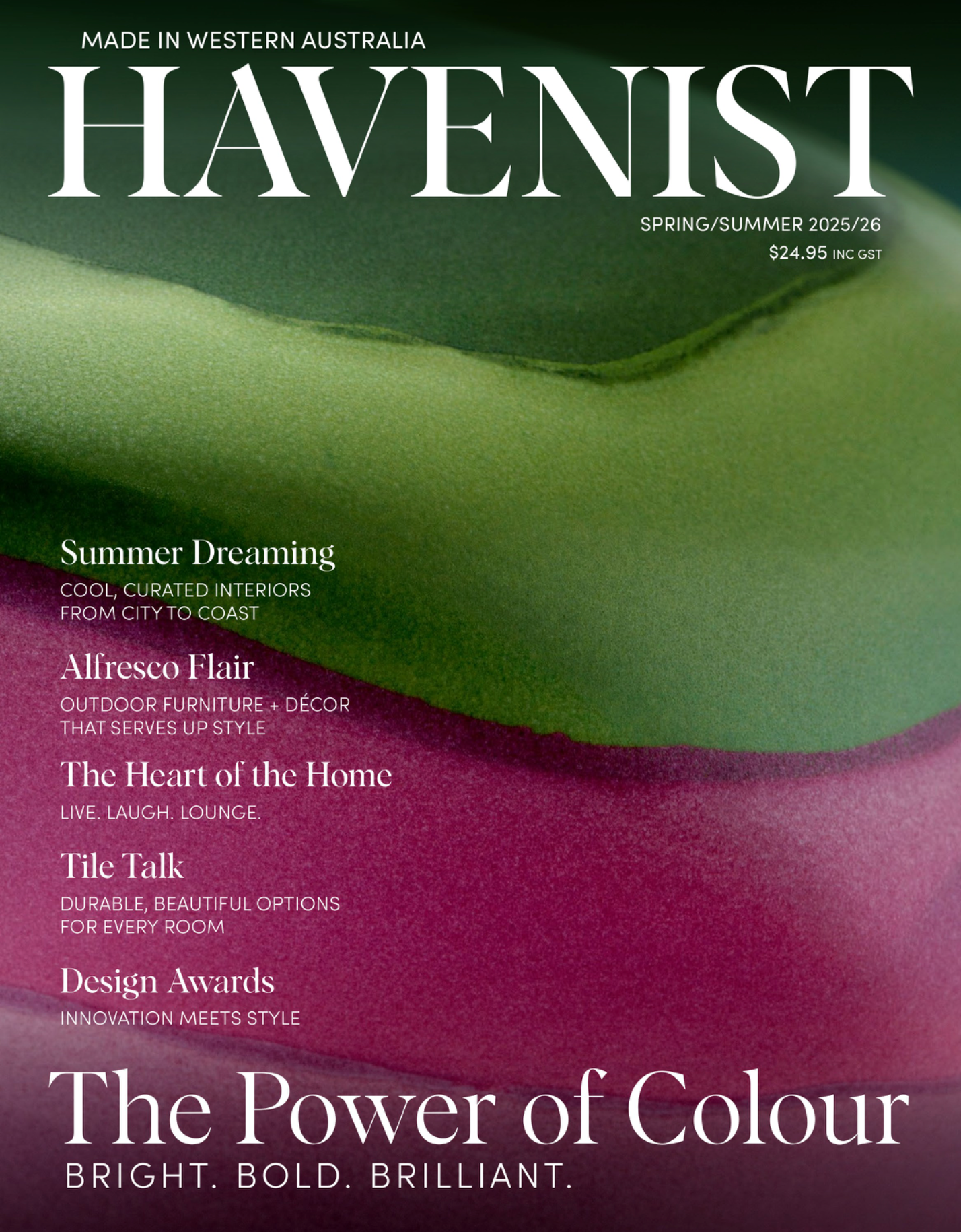 Cover of Havenist magazine featuring a green and purple fabric swatch with text about summer dreaming and design.