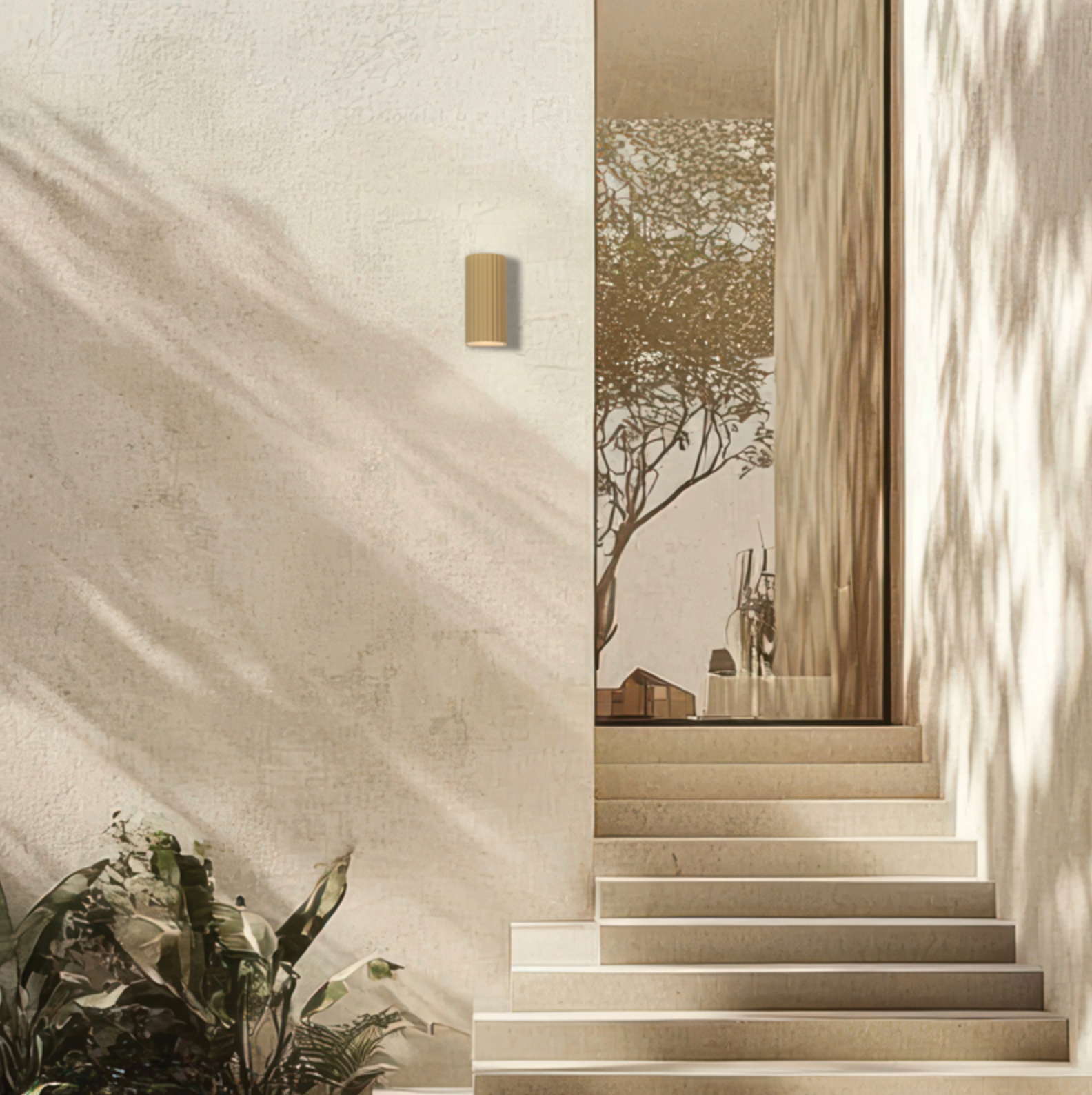 Modern interior with a staircase leading to a glass door with tree view