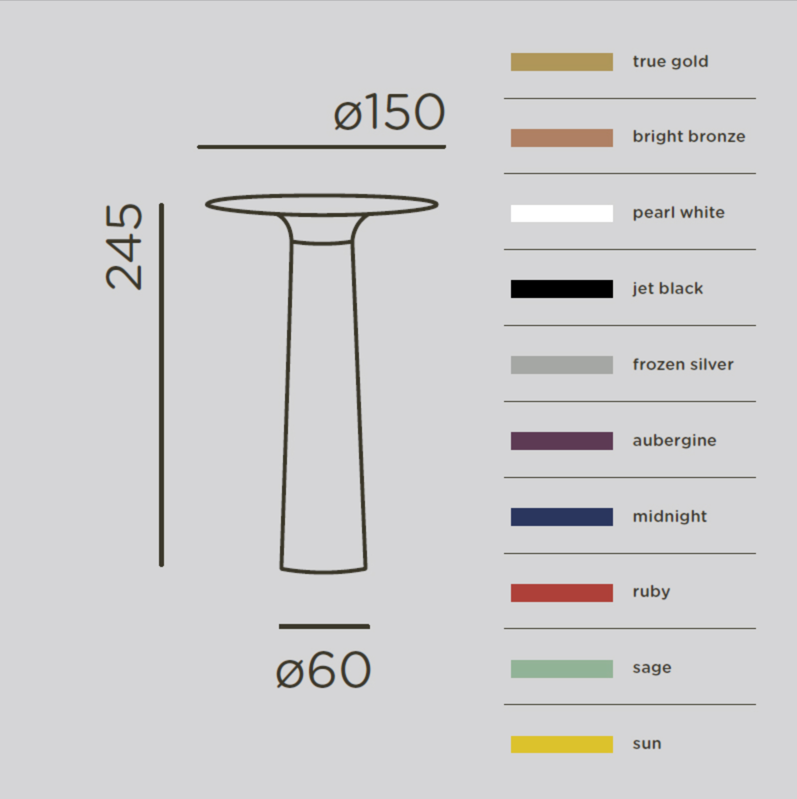 Product dimensions and color options on a gray background