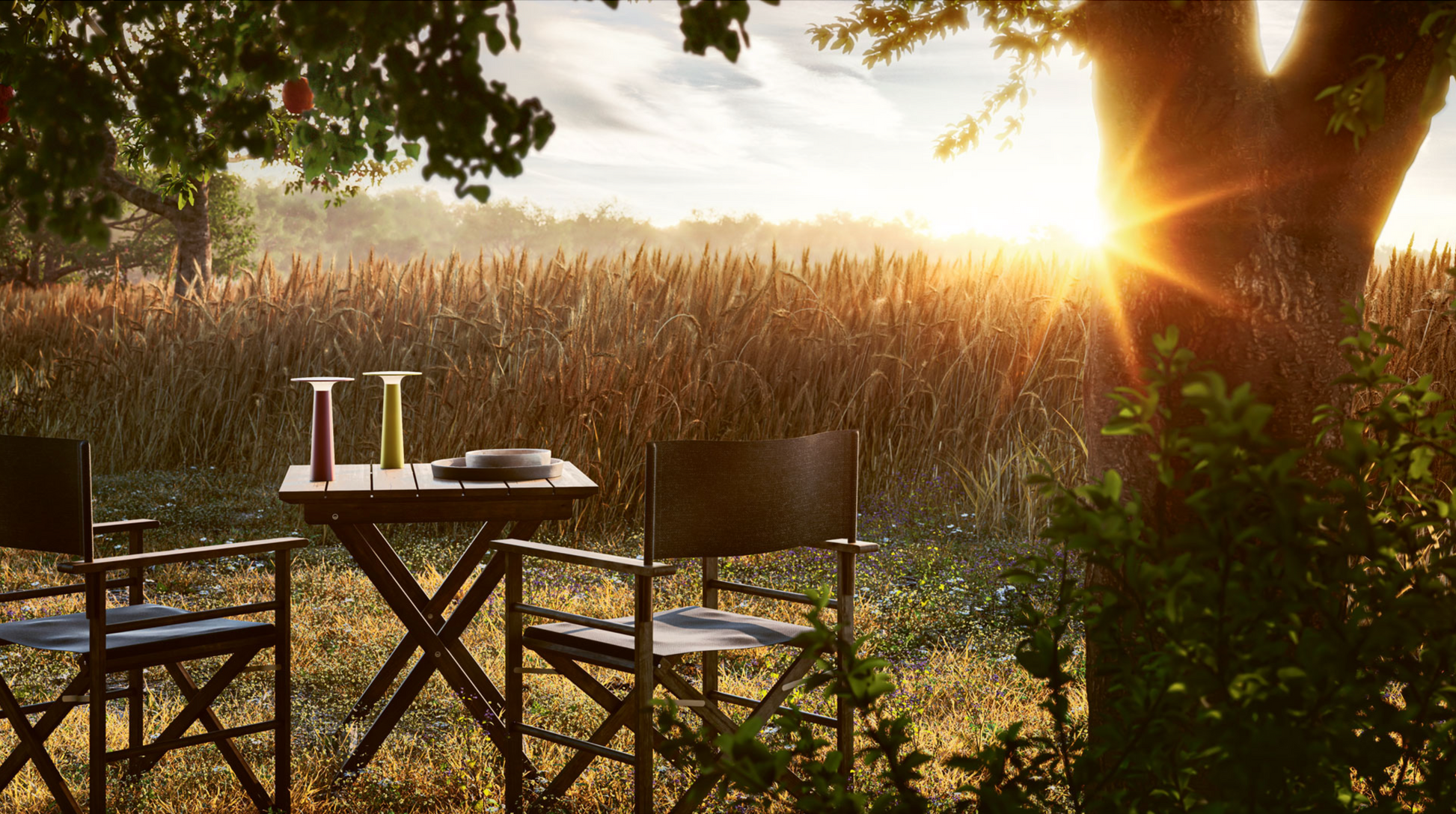 Outdoor setting with a table and chairs under a tree, sun shining through, and field in the background