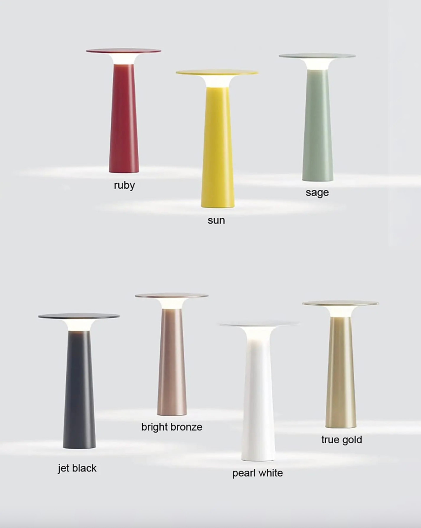 Set of seven lamps in different colors with labels on a light gray background