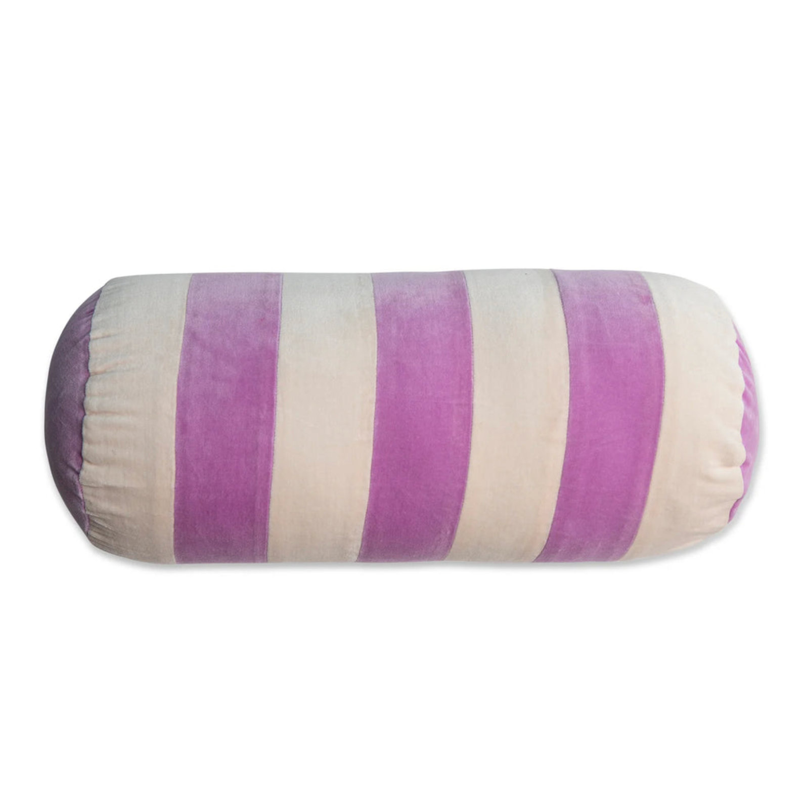 Round pillow with purple and white stripes on a white background