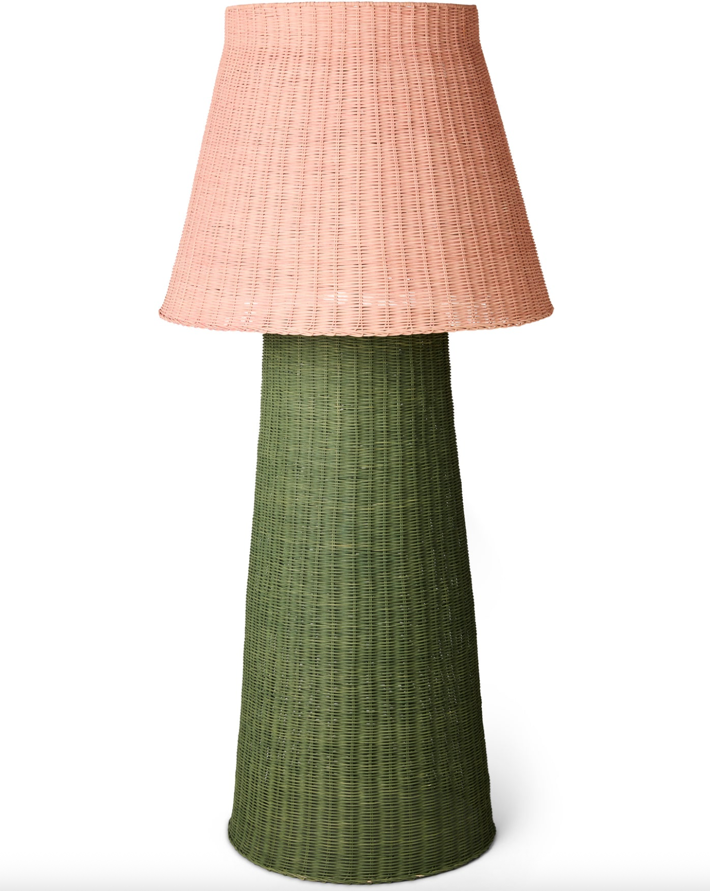 Lamp with a pink woven shade and green base on a white background
