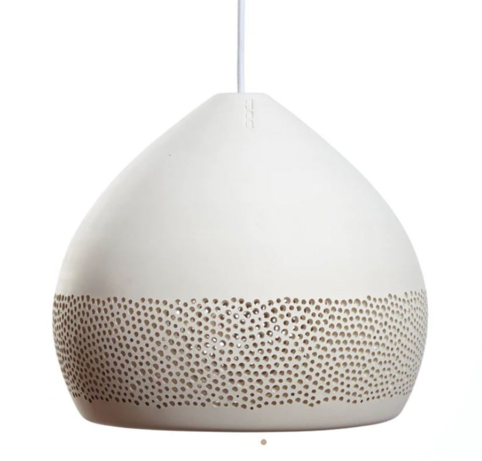 White textured pendant light with a textured bottom on a white background