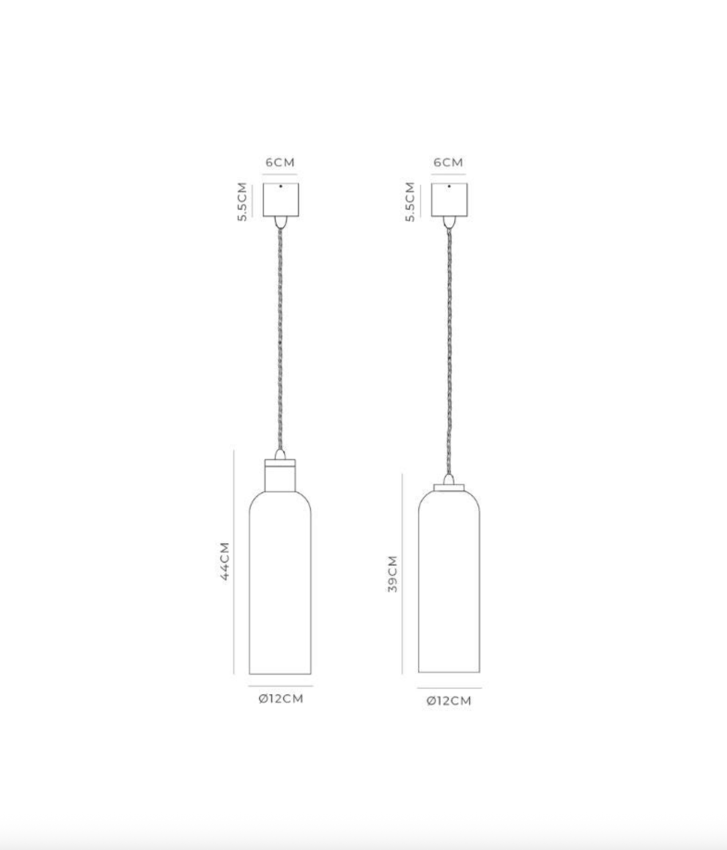 Measurement chart of two pendant lights with dimensions on a white background