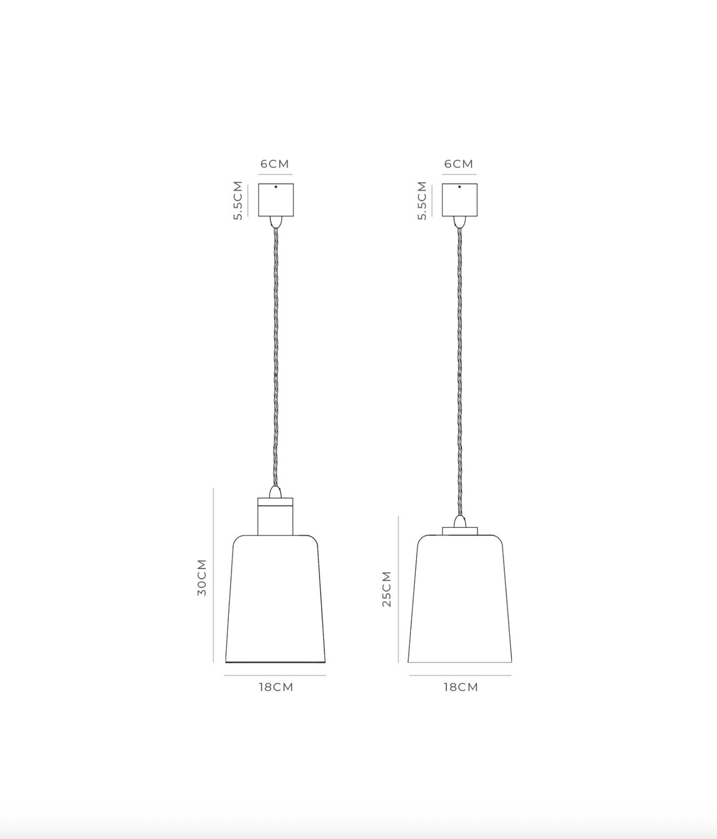 Measurement diagram of two pendant lights on a white background