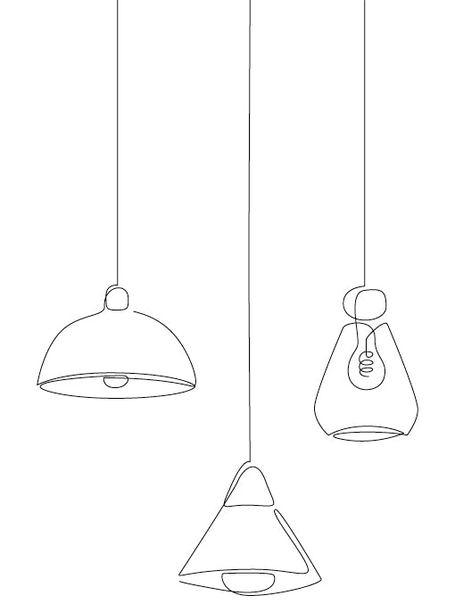 Line art of three hanging pendant lights on a white background