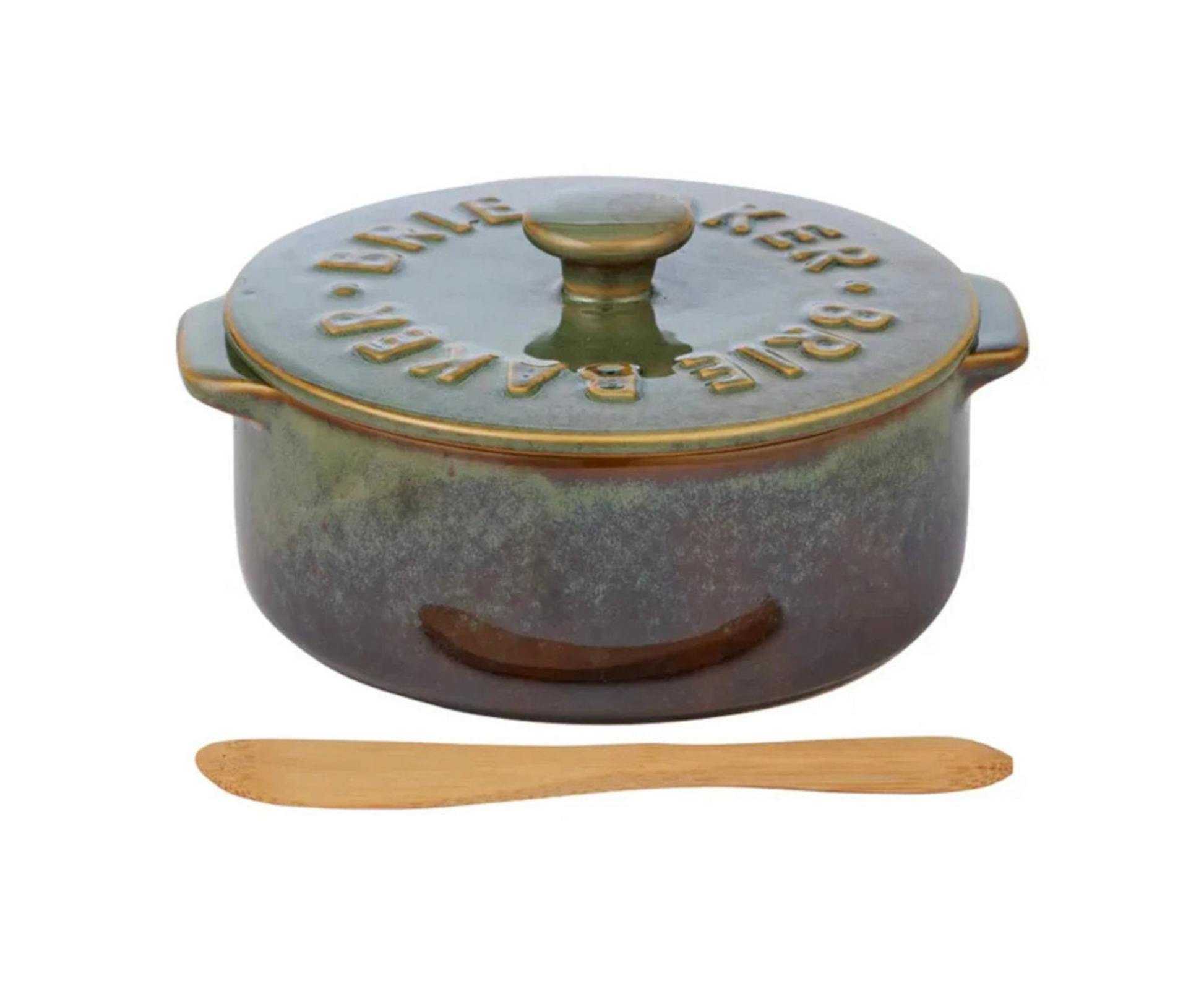 Green ceramic butter dish with wooden knife on a white background