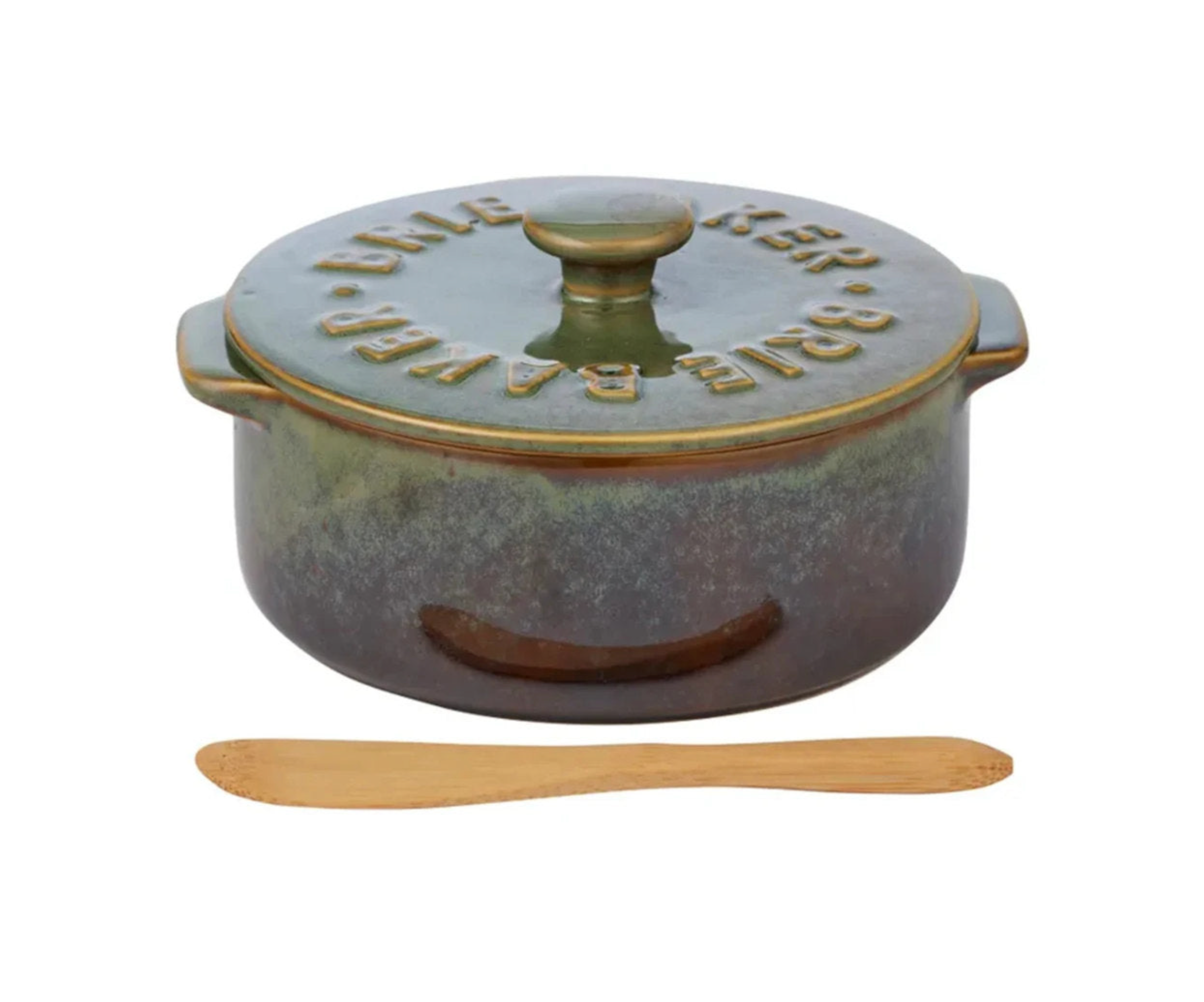 Green ceramic butter dish with wooden knife on a white background