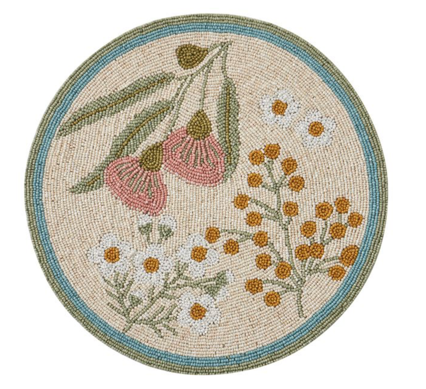Round beaded placemat with floral design on a white background