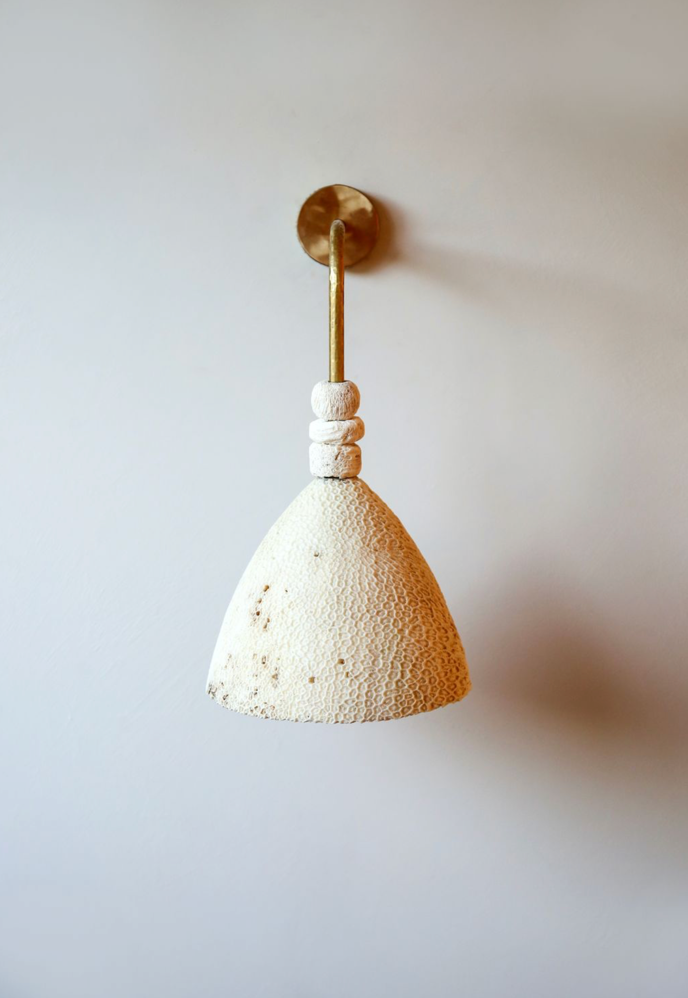 Wall-mounted light fixture with a textured coral fossil shade and gold fixture on a plain wall.