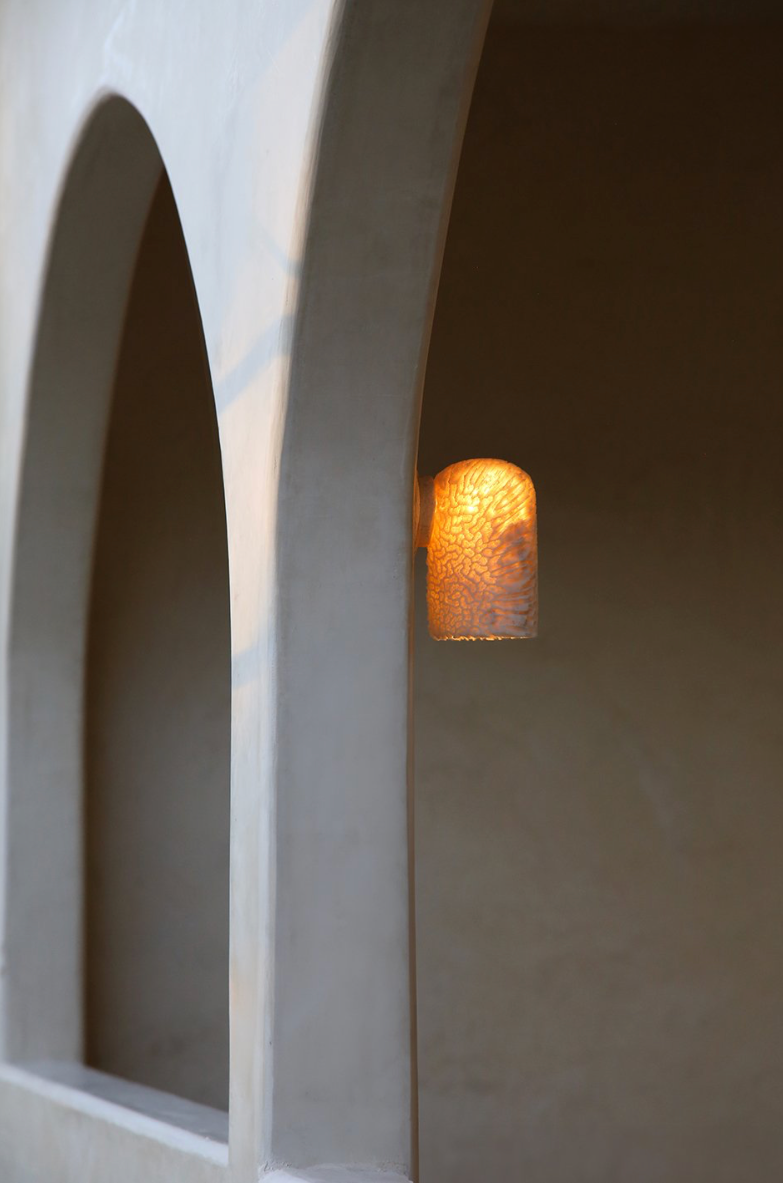 Wall-mounted coral light fixture on a textured wall with an arched window.