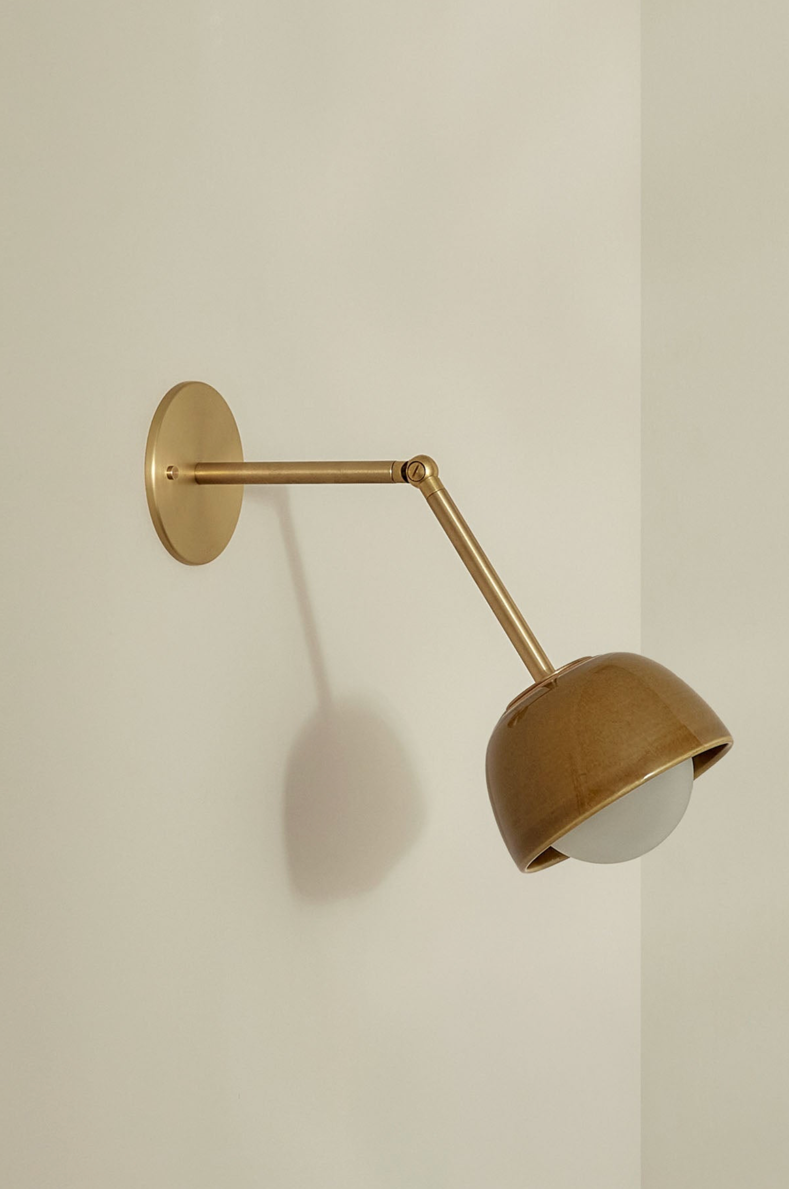 Brass wall-mounted lamp with adjustable arm on a plain wall.