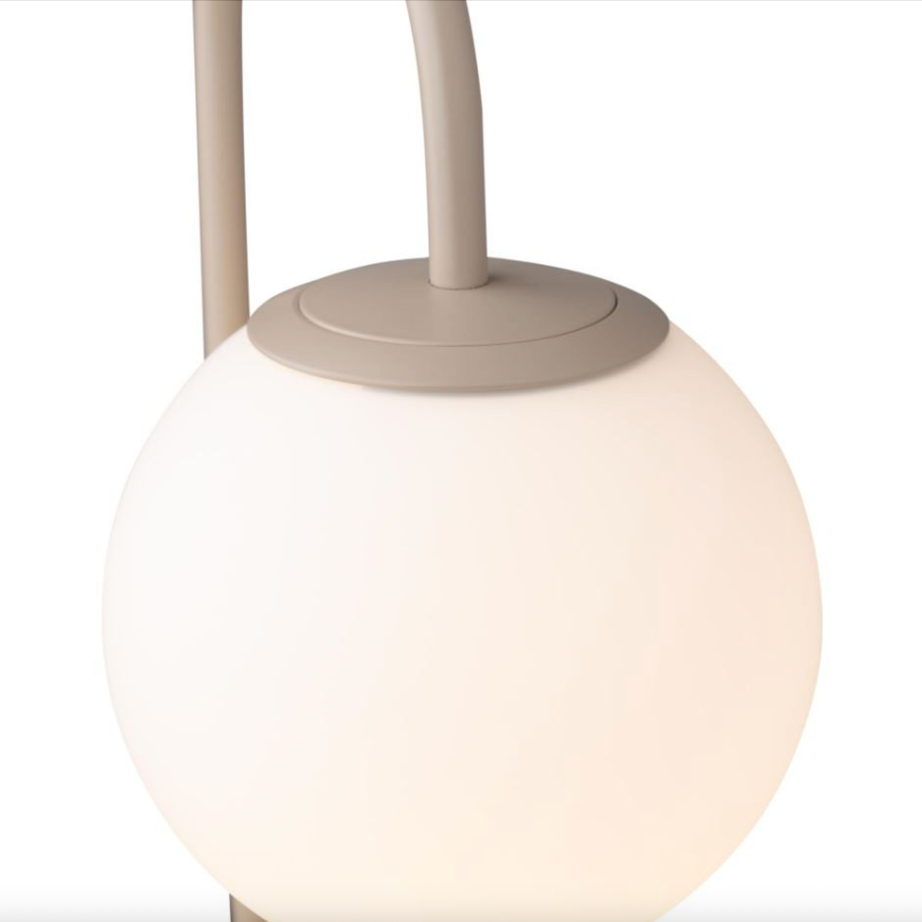 Round white glass lamp shade with beige base on a white background