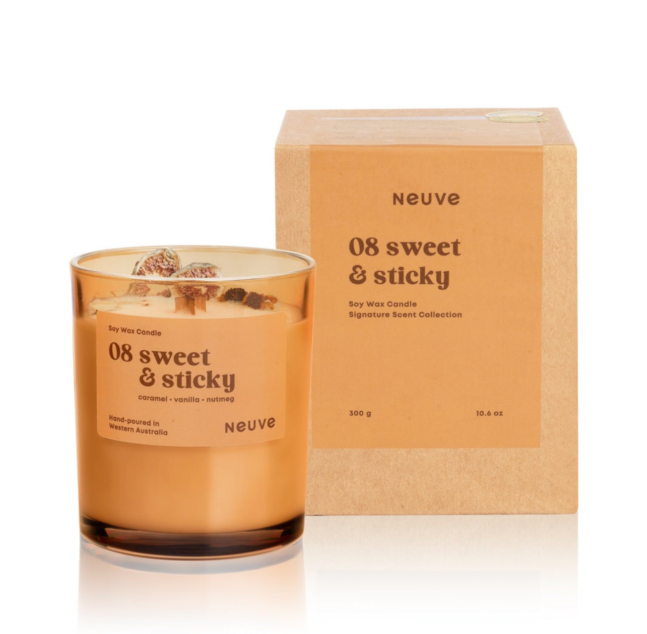 Neuve '08 Sweet & Sticky' candle with packaging on a white background