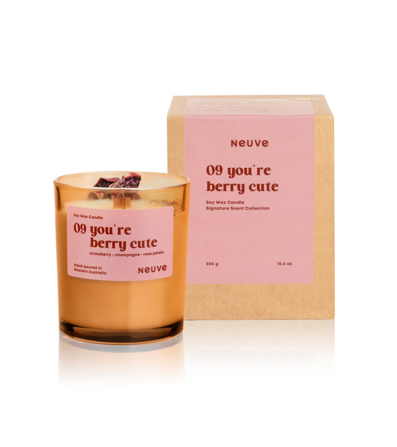 Neuve candle with pink label and matching box on a white background