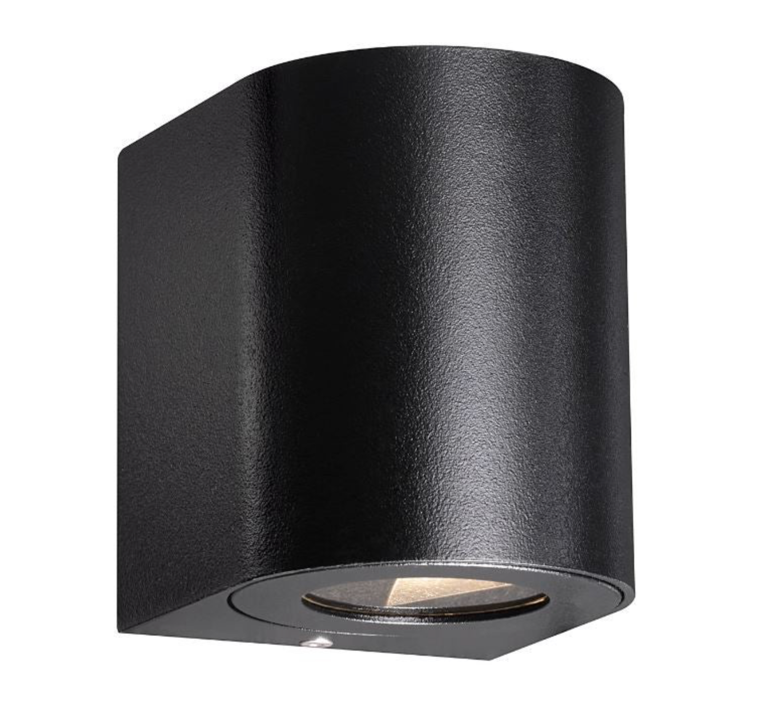 Black cylindrical wall light fixture on a white background