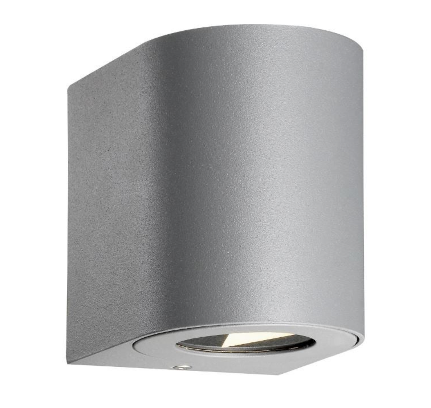 Grey cylindrical wall light fixture on a white background