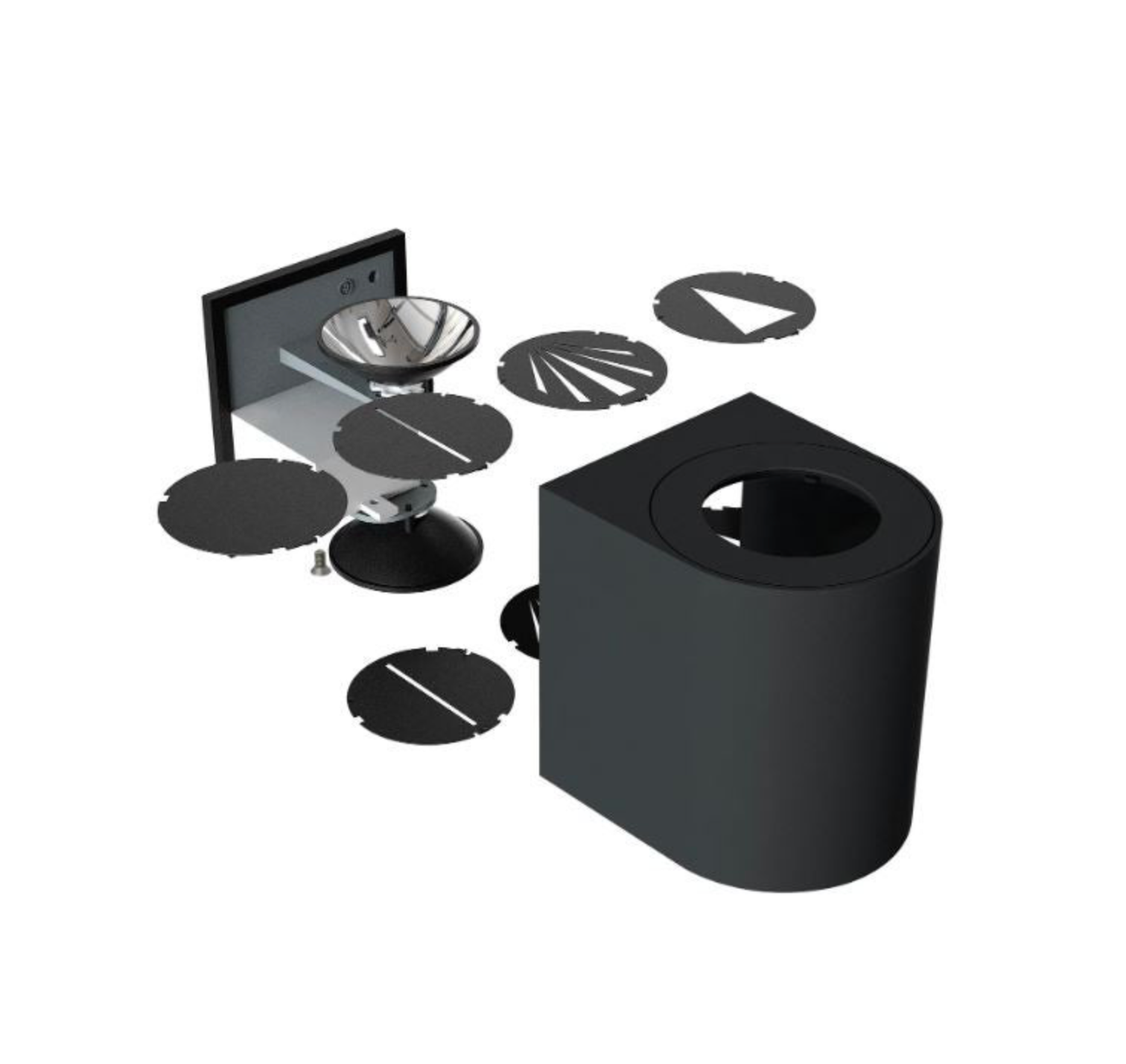 Black cylindrical object with circular filter components on a white background