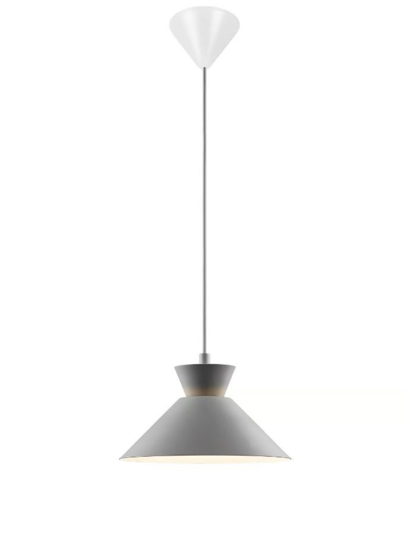 Pendant light with gray shade and white bulb on a white background
