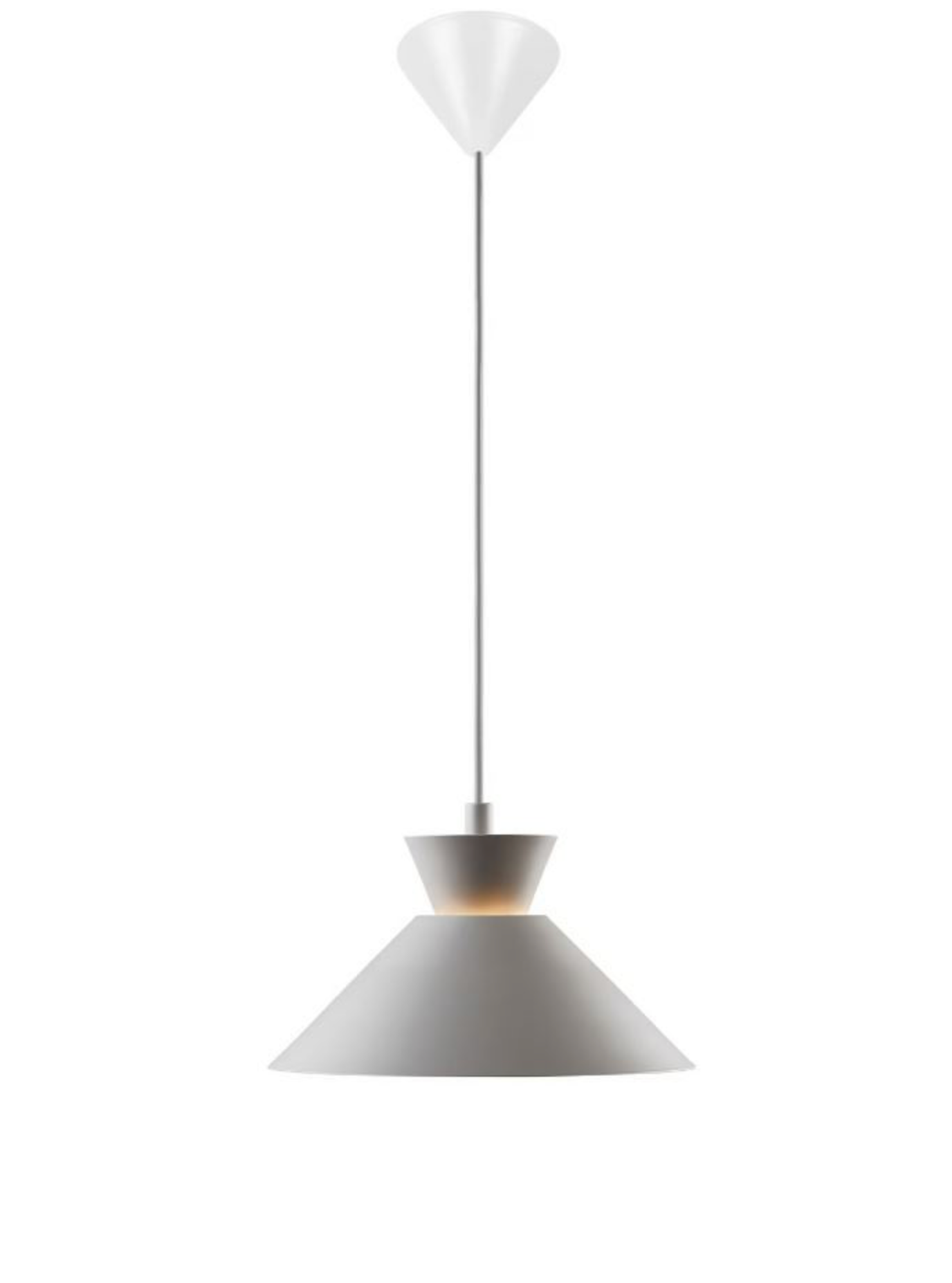 Pendant light with a white shade and grey base on a white background